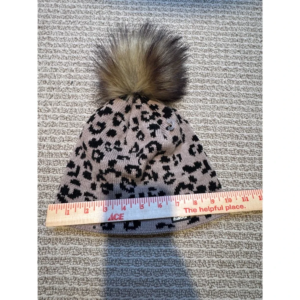 Eisbar Leopard Print Merino‎ Wool Blend Beanie Faux Fur Pom Pom Winter Hat Taupe